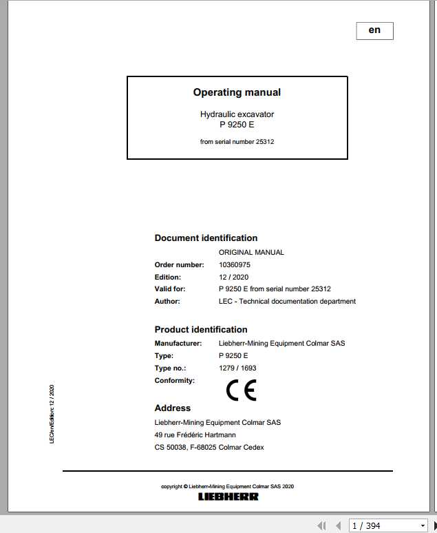 Liebherr Mining Pontoon Excavators P9250E 1279 1693 Operating Manual 1