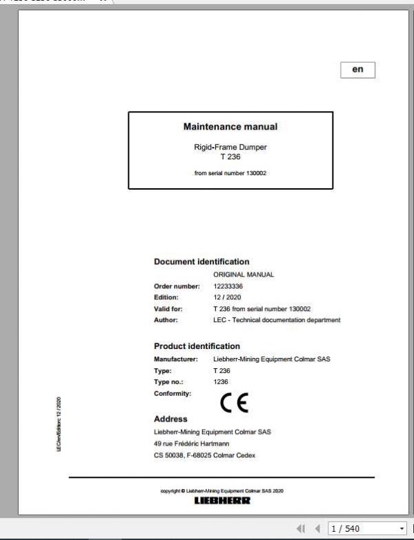 Liebherr Mining Truck T236 Maintenance Manual 1 1