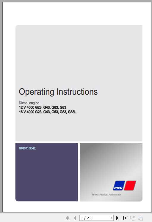 MTU Diesel Engine 12V 16V 4000 G23 G83 Operating Instructions 1