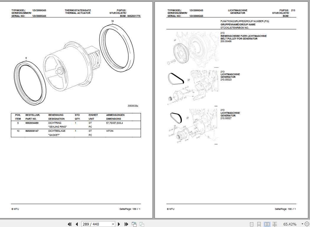MTU Diesel Engine 12V 2000 G65 Spare Parts Catalog