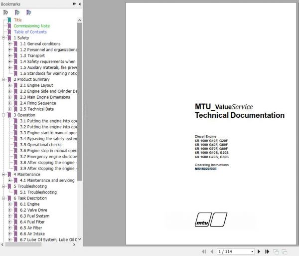 MTU Diesel Engine 6R 1600 G10FS G80FS Operating Instructions 1
