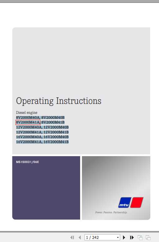 MTU Diesel Engine 8V2000M41A Operating Instructions MS150031 1