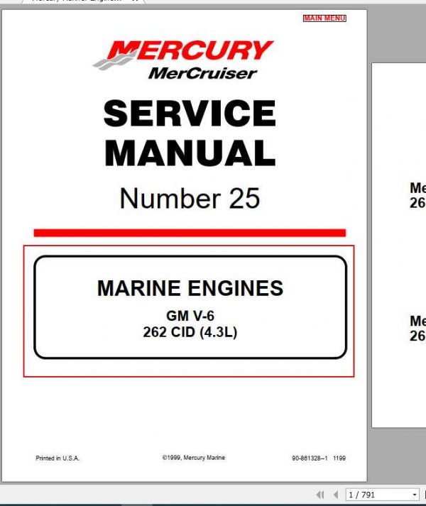 Mercury Mariner Engine 25 GM V 6 262 CID4.3 Service Manual 1