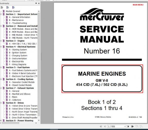 Mercury Mercruiser Marine Engine 16 GM V 8 454 CID7.4 502 CID8.2L Service Manual 1