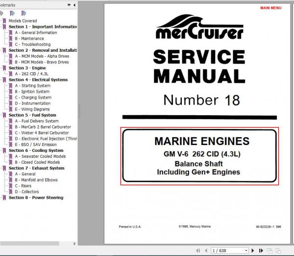Mercury Mercruiser Marine Engine 18 GM V 6 262 CID 4.3 Service Manual 1