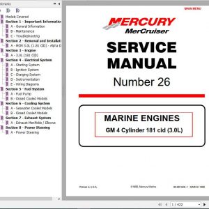 Mercury Mercruiser Marine Engine 26 GM 4 Cylinder 181 cid3.0L Service Manual 1