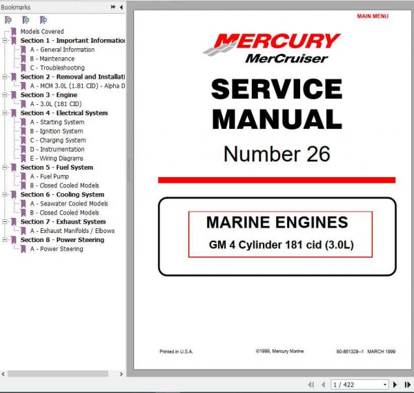 Mercury Mercruiser Marine Engine 26 GM 4 Cylinder 181 cid3.0L Service Manual 1