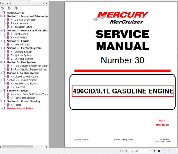 Mercury Mercruiser Marine Engine 30 496CID 8.1L Gasoline Service Manual 1