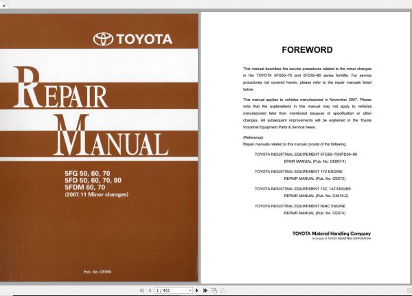 Toyota Forklift 5FD 50 60 70 80 5FG 50 60 70 5FDM 60 70 2007 Repair Manual 1