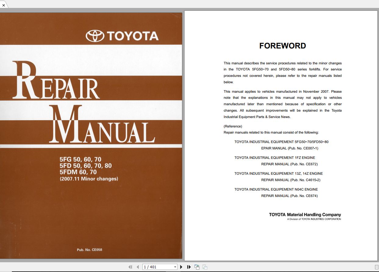 Toyota Forklift 5FD 50 60 70 80 5FG 50 60 70 5FDM 60 70 2007 Repair Manual 1