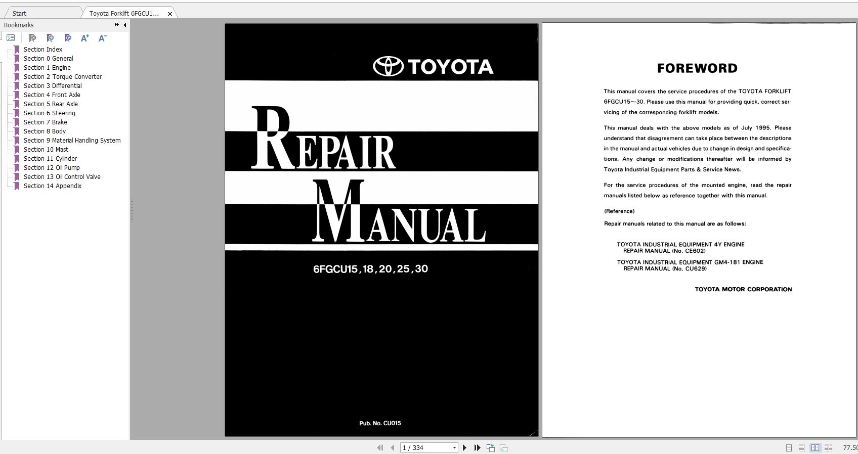 Toyota Forklift 6FGCU15 18 20 25 30 1995 Repair Manual