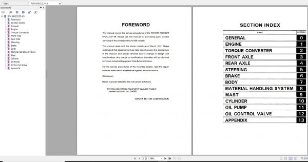 Toyota Forklift 6FGCU33 45 1997 Repair Manual