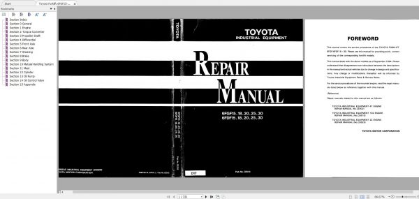 Toyota Forklift 6FGF15 30 6FDF15 30 1994 Repair Manual