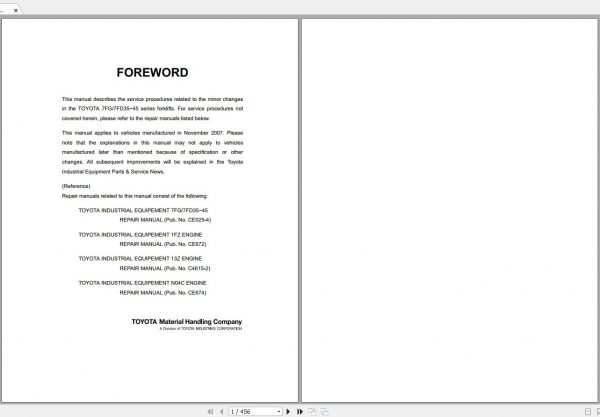 Toyota Forklift 7FG 7FD35 45 2007 Repair Manual