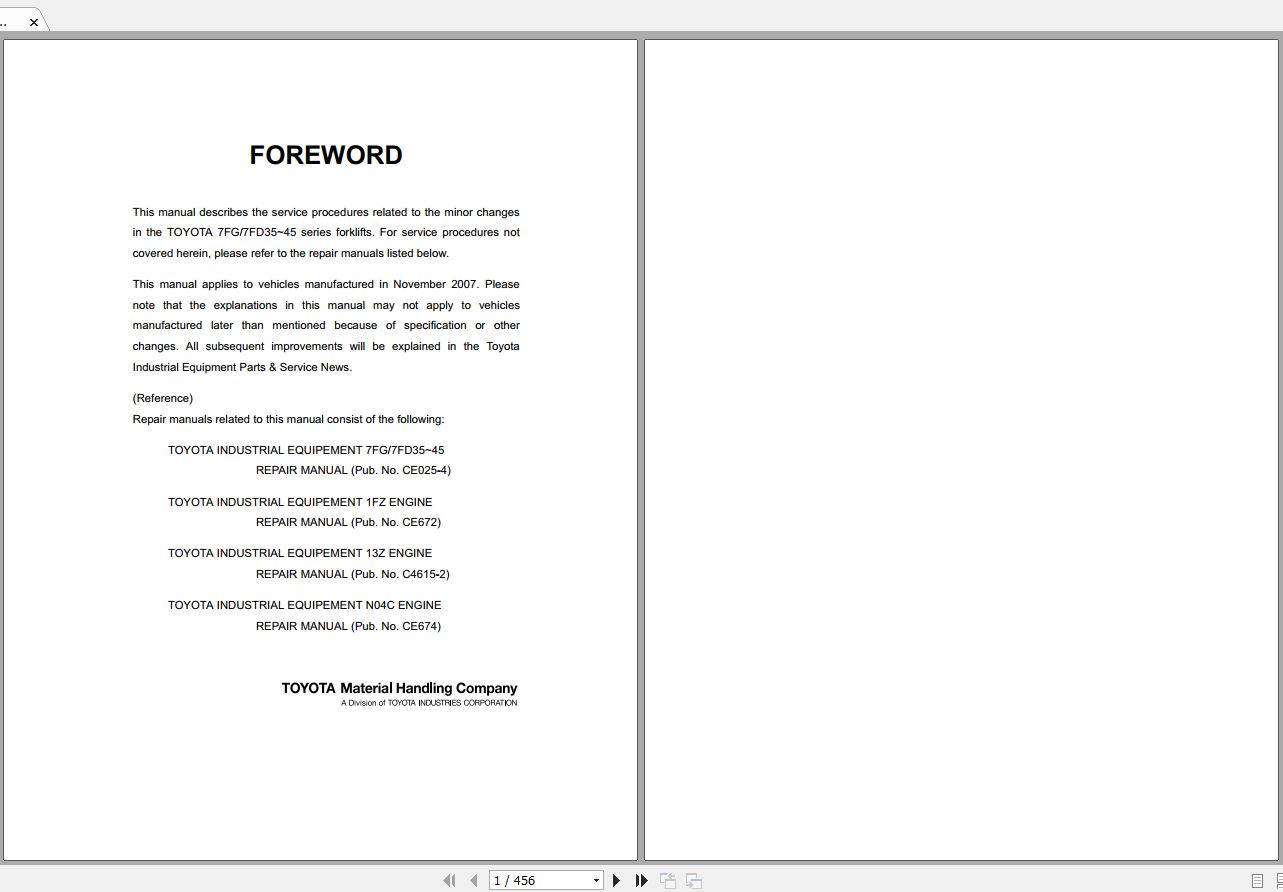 Toyota Forklift 7FG 7FD35 45 2007 Repair Manual