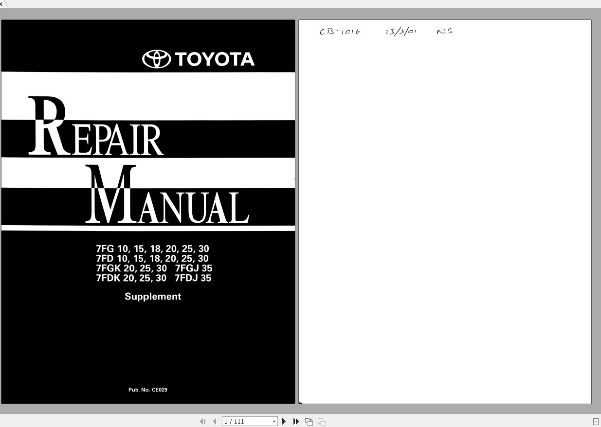 Toyota Forklift 7FG10 30 7FD10 30 7FGK20 30 7FDK20 30 7FGJ35 7FDJ35 Repair Manual 1