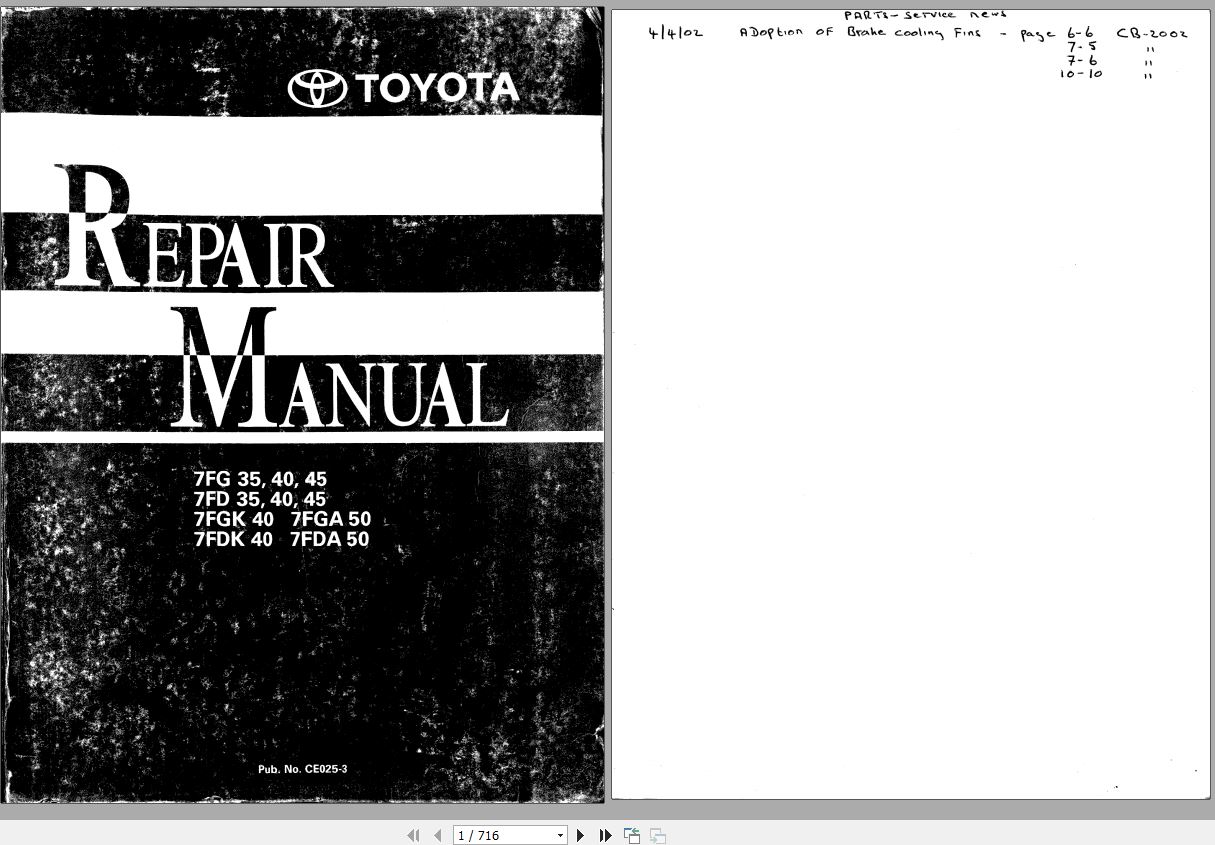 Toyota Forklift 7FG35 45 7FD35 45 7FGK40 7FGA50 7FDK40 7FDA50 Repair Manual 1