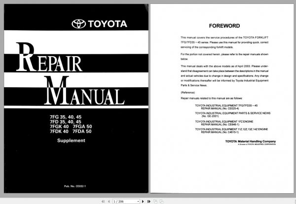 Toyota Forklift 7FG35 45 7FD35 45 7FGK40 7FGA50 7FDK40 7FDA50 Supplement Repair Manual 1