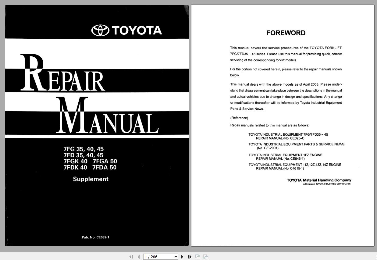 Toyota Forklift 7FG35 45 7FD35 45 7FGK40 7FGA50 7FDK40 7FDA50 Supplement Repair Manual 1