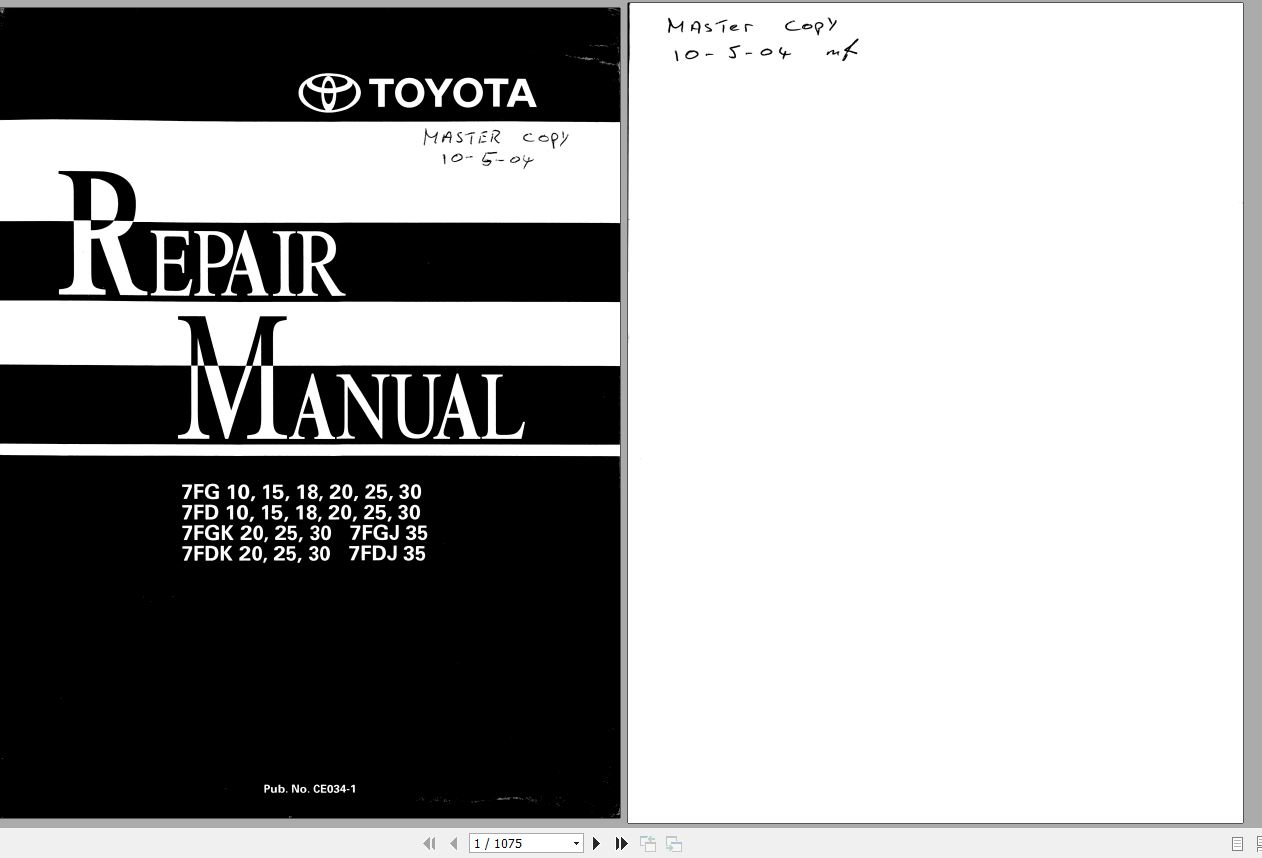 Toyota Forklift 7FG710 30 FD10 30 Repair Manual 1