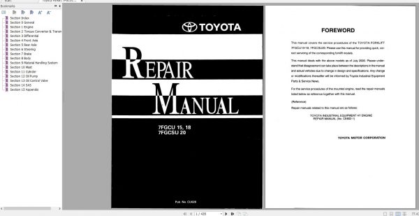 Toyota Forklift 7FGCU15 18 2000 Repair Manualf