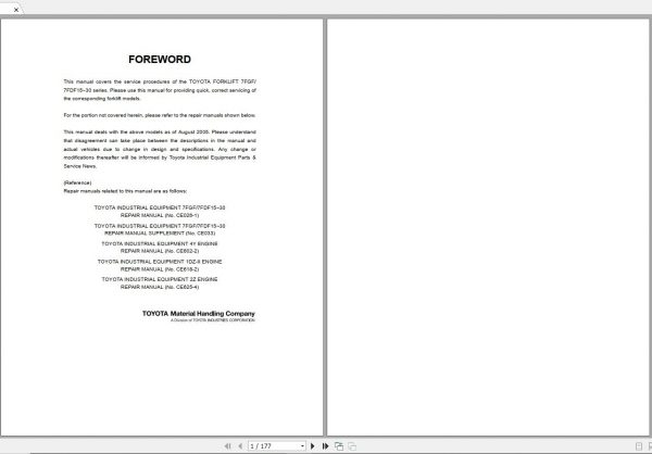 Toyota Forklift 7FGF 7FDF15 30 2002 Repair Manual