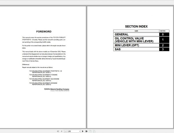 Toyota Forklift 7FGF 7FDF15 30 2005 Repair Manual