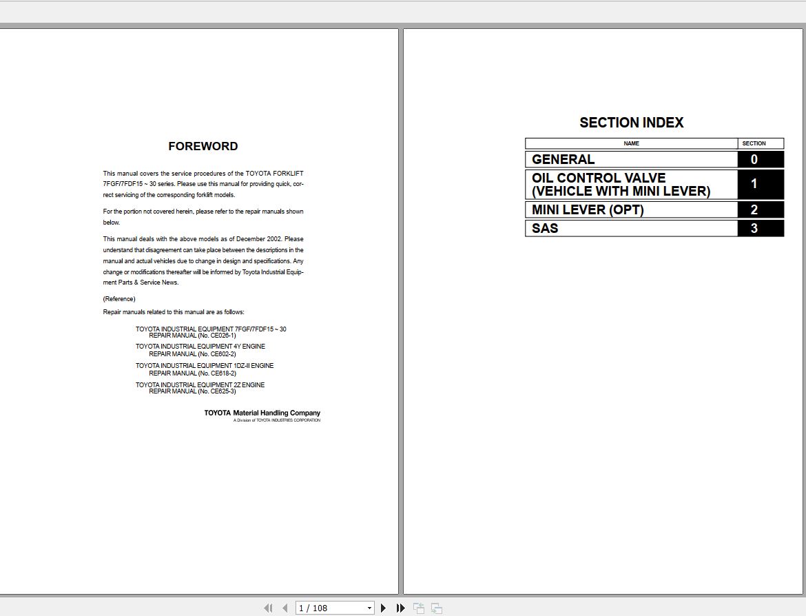 Toyota Forklift 7FGF 7FDF15 30 2005 Repair Manual
