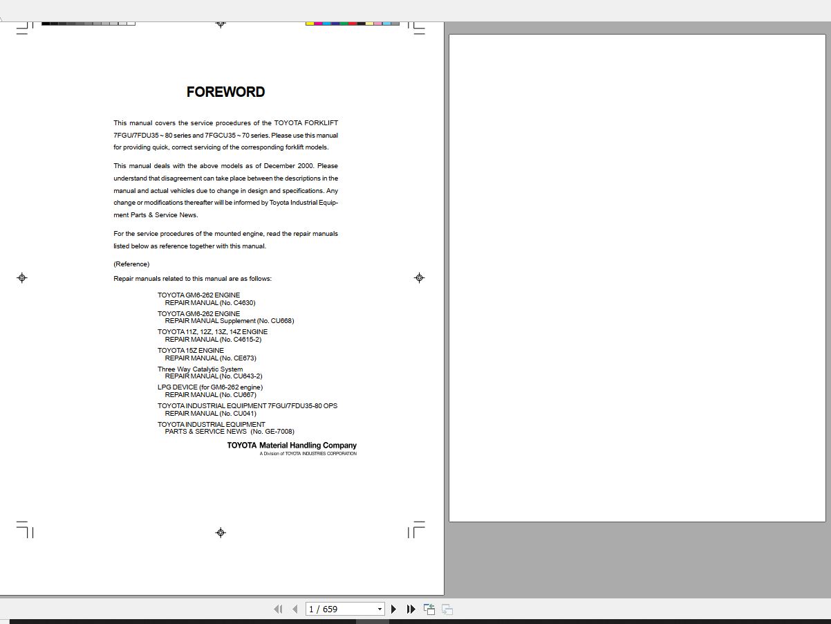 Toyota Forklift 7FGU 7FGCU 8FGF 8FDF Repair Manual 1