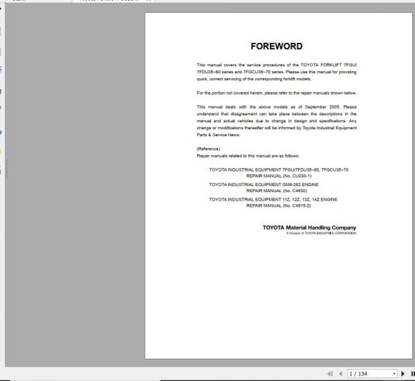 Toyota Forklift 7FGU35 80 7FDU35 80 7FGCU35 70 2005 Repair Manual