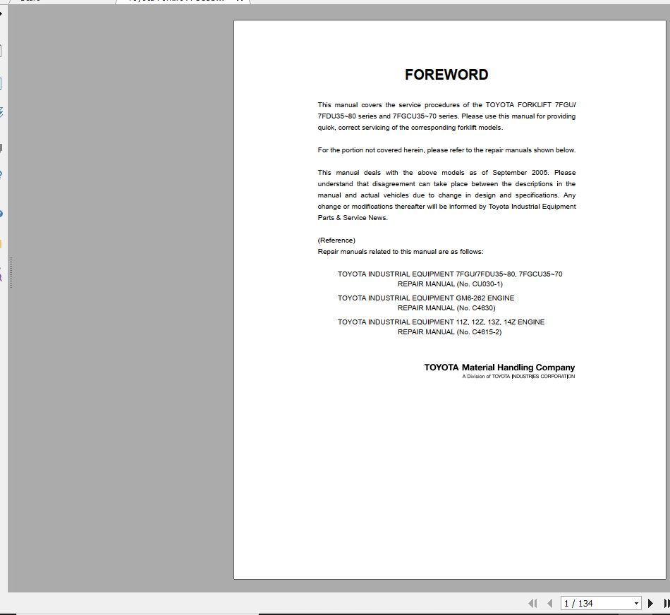 Toyota Forklift 7FGU35 80 7FDU35 80 7FGCU35 70 2005 Repair Manual
