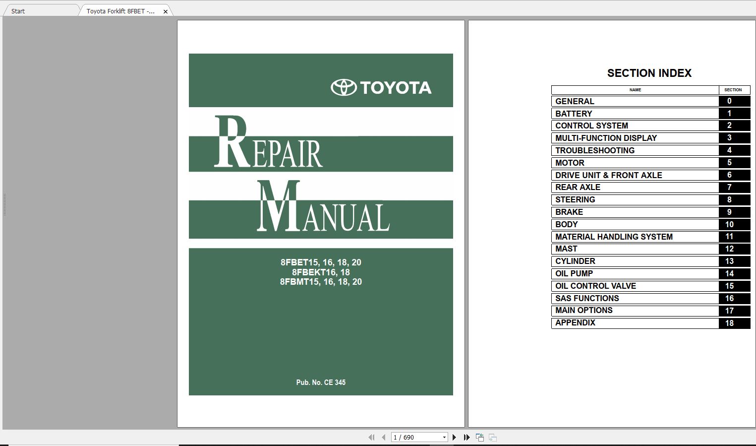 Toyota Forklift 8FBET15 20 8FBEKT16 18 8FBMT15 20 Repair Manual 1
