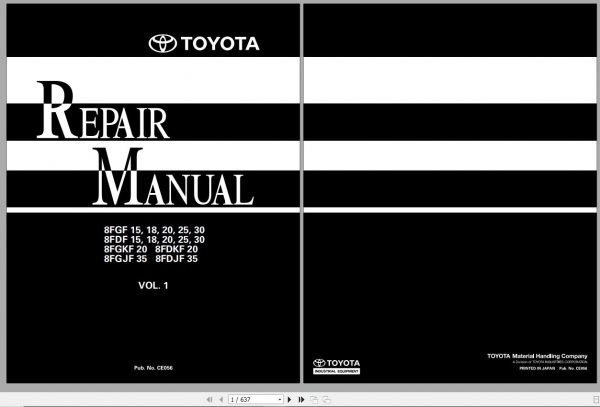 Toyota Forklift 8FGF 15 30 8FDF 15 30 8FGKF 8FDKF 8FGJF 8FDJF Repair Manual 1
