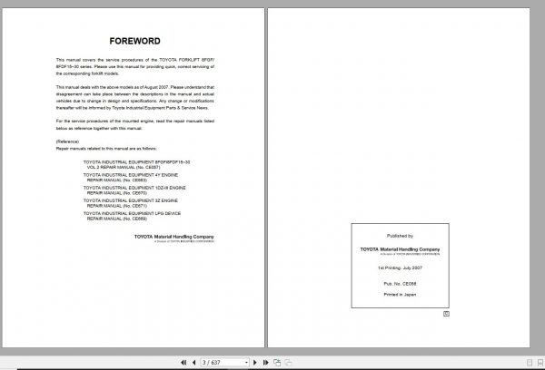 Toyota Forklift 8FGF 15 30 8FDF 15 30 8FGKF 8FDKF 8FGJF 8FDJF Repair Manual 2