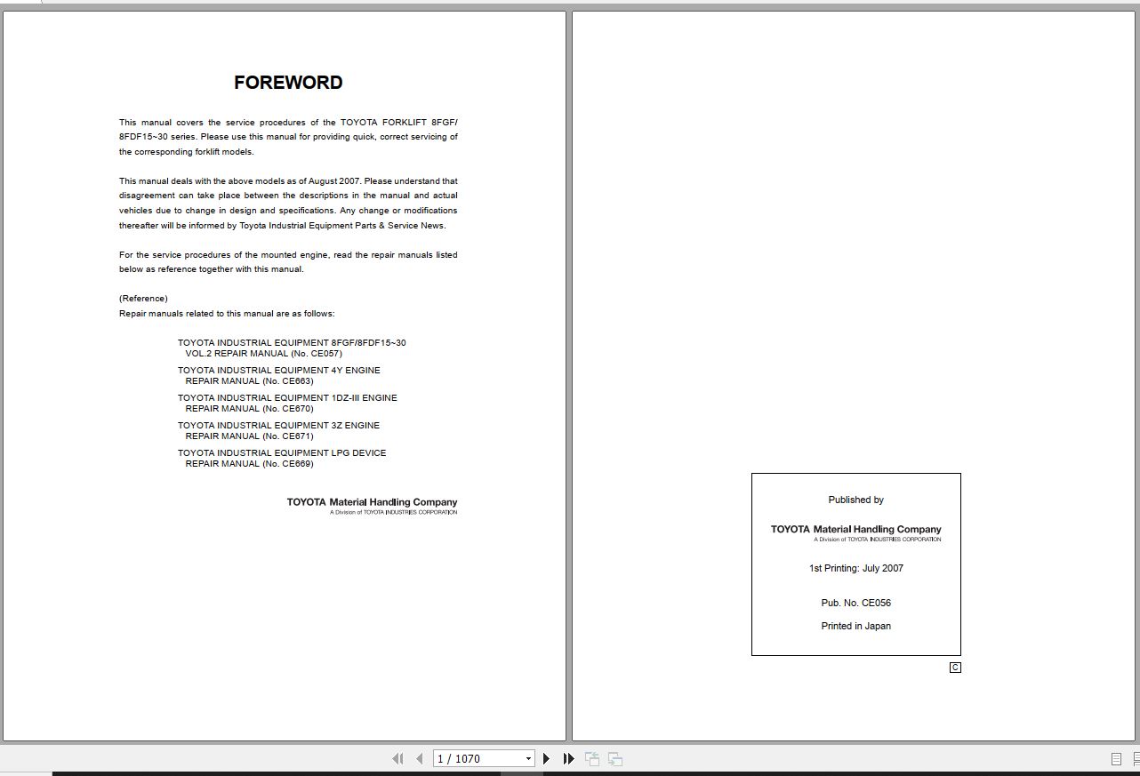 Toyota Forklift 8FGF FDF15 30 Repair Manual 3