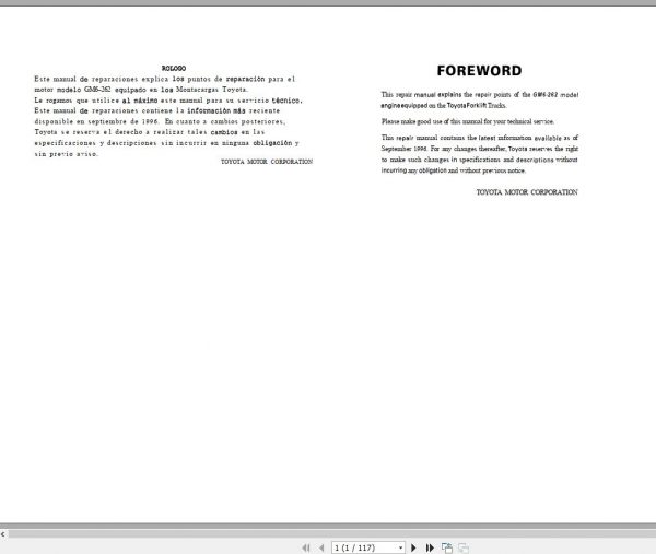 Toyota Forklift GM262 Engine Repair Manual 1