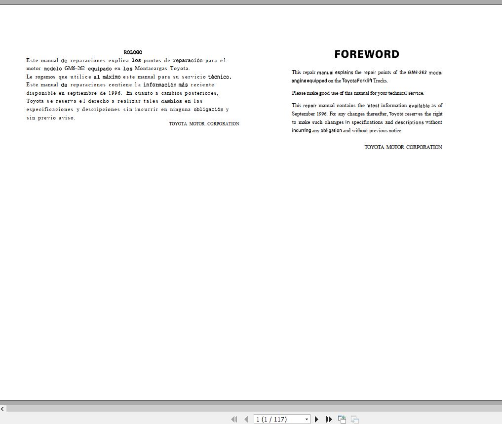 Toyota Forklift GM262 Engine Repair Manual 1