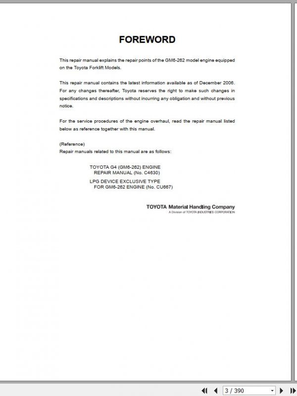 Toyota Forklift GM262 Engine Supplement Repair Manual 2
