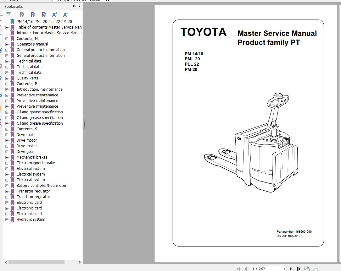 Toyota Powered Pallet PM14 16 PML20 PLL22 PM20 Repair Manual 1