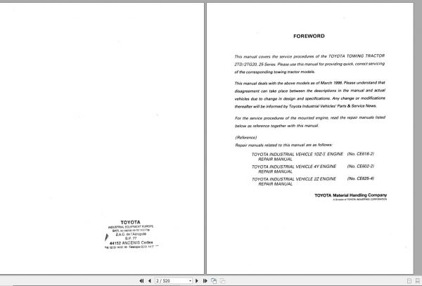 Toyota Tow Tractor 2TD 2TG20 25 Repair Manual 1