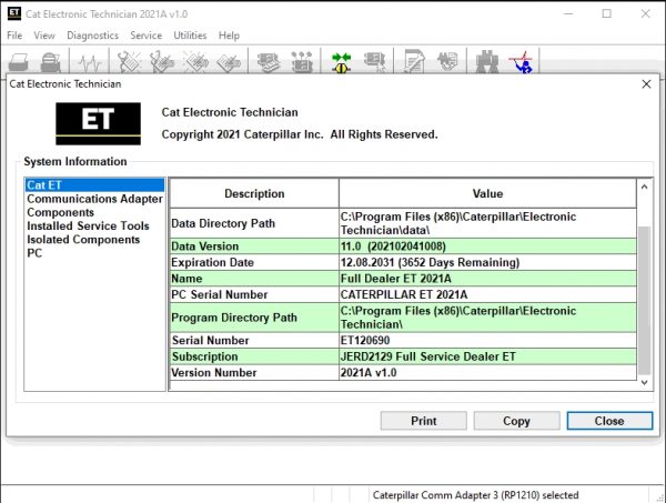Caterpillar Electronic Technician CAT ET 2021A FPKG License Active 3 1