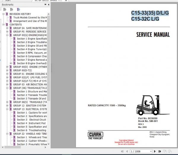 Clark Forklift C15 3335DLG C15 32C LG Service Manuals 1