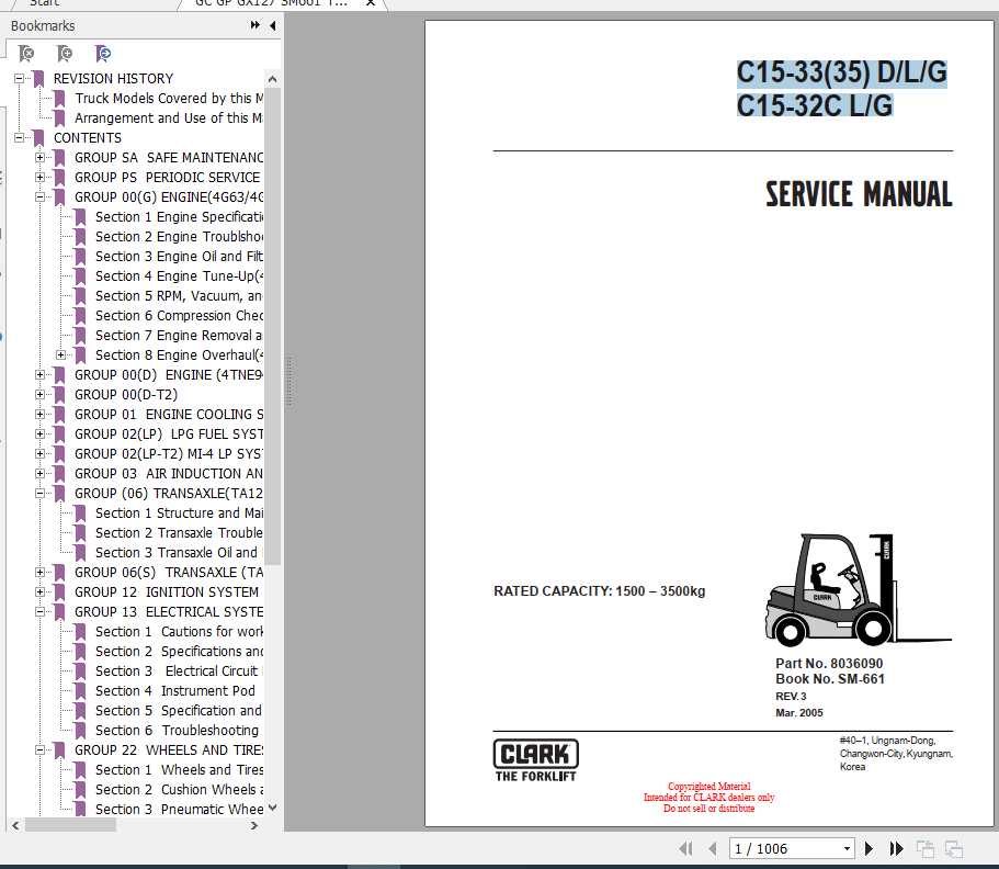 Clark Forklift C15 3335DLG C15 32C LG Service Manuals 1