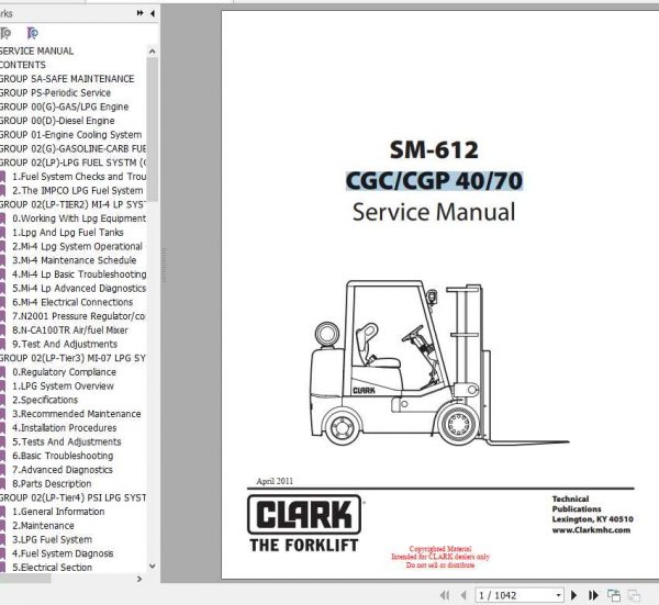 Clark Forklift CGC CGP 40 70 Service Manuals 1