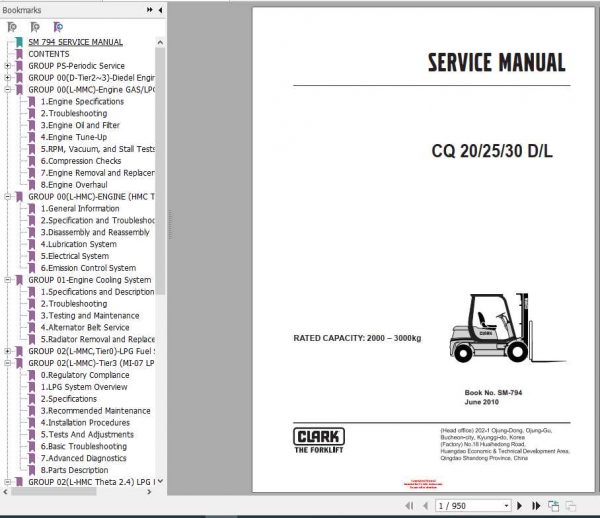 Clark Forklift CQ 20 25 30 D L Service Manuals 1