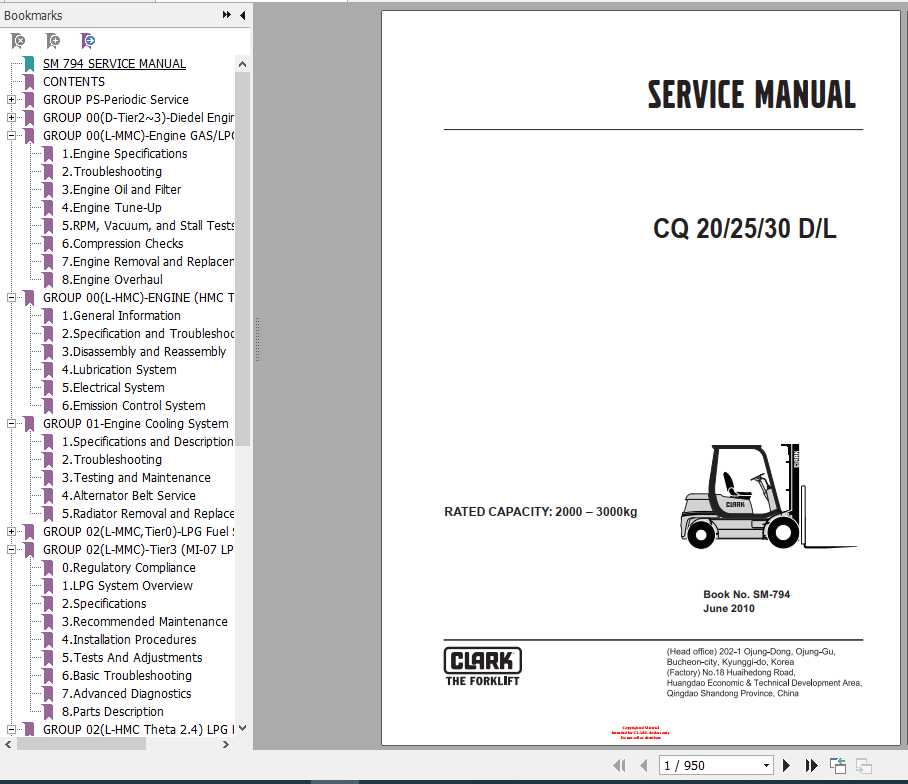 Clark Forklift CQ 20 25 30 D L Service Manuals 1