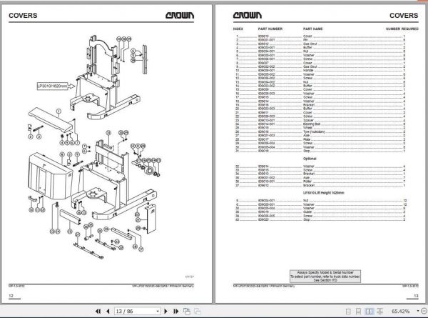 Crown Lift Truck LP3010 3020 Series Parts Manual 812715 006 2