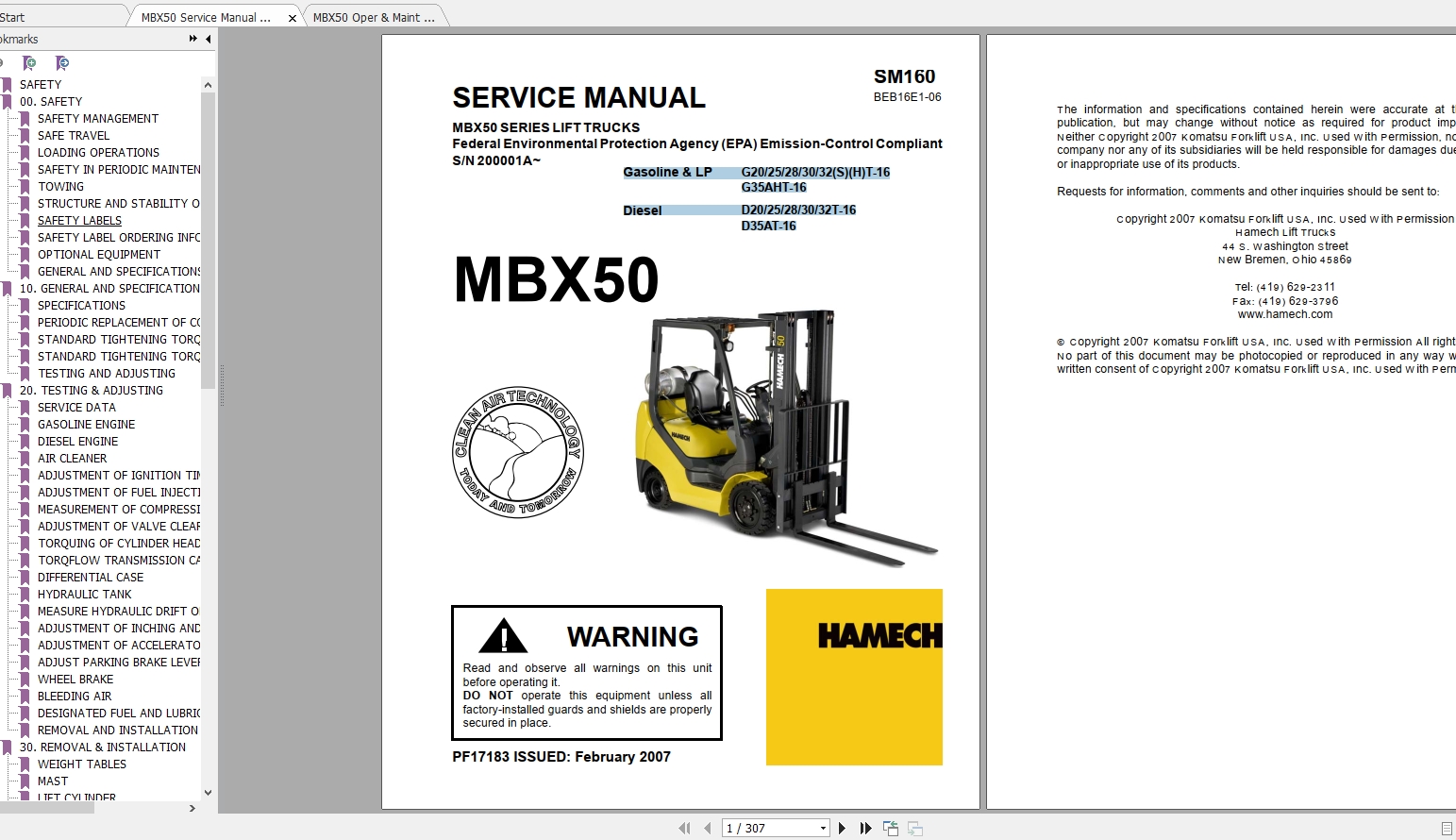 HAMECH Forklift MBX50 Service Manual, Operator & Maintenance Manual
