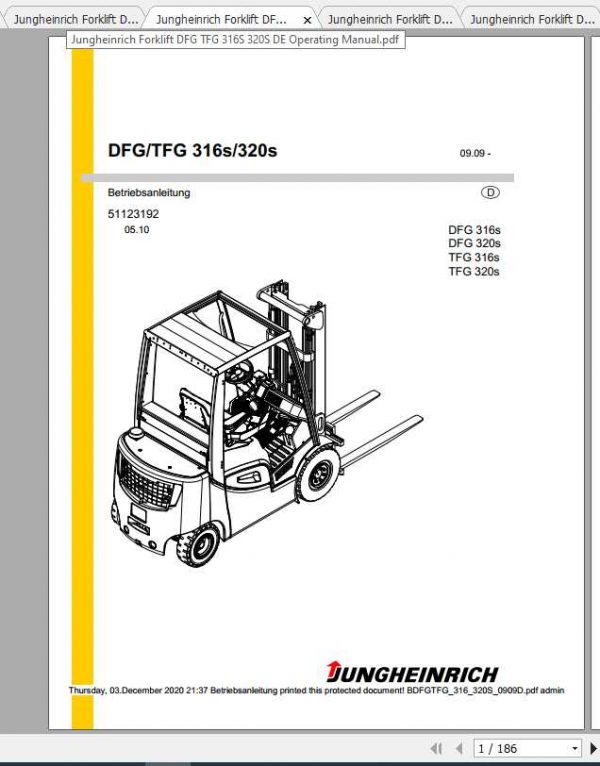 Jungheinrich Forklift DFG TFG 316S 320S Operating Manual DE 1