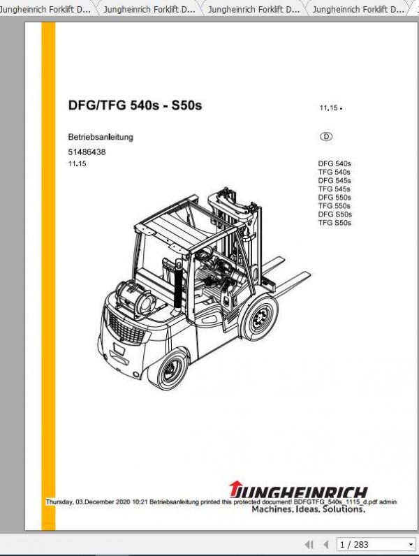 Jungheinrich Forklift DFG TFG 540s 550s Operating Manual DE 1